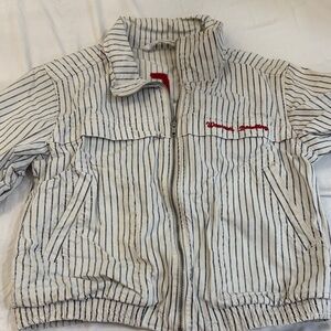 Zara White and Black Striped Jacket with Red Text